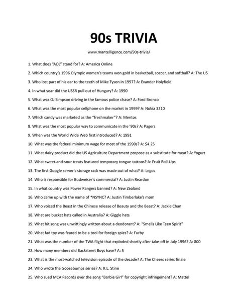 90s Trivia Questions And Answers Printable